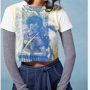 [S] Anna Sui & UO Cropped Tee CC Graphic Crop Top with Blue and Yellow Design